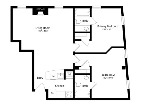 Floor plan for 2 beds, 2 baths, 889 sqft